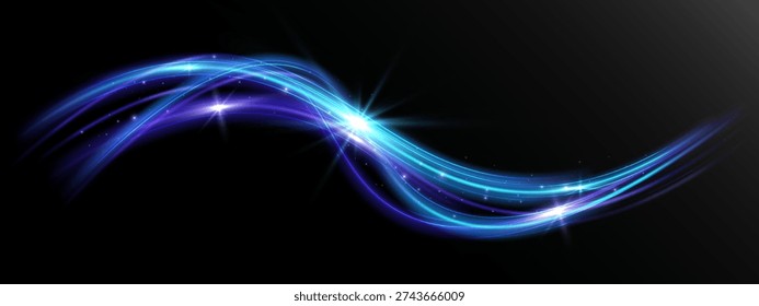 Glowing blue light wave with sparkling highlights and smooth flowing motion on dark background, symbolizing speed, energy flow, dynamic movement and futuristic technology.