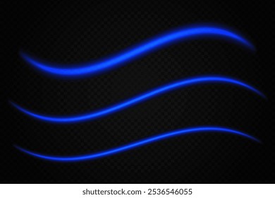 Blaue Lichtwellen leuchten. Neon, abstrakt, gekrümmte Linien, Energie, futuristisch, lebendig, Fluss, dynamisch, Bewegung, helle Streifen, digitale Wirkung, modern, beleuchtet.