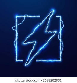 Glowing blue lightning bolt icon within a square border on blue background