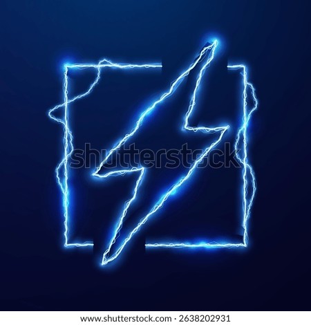 Glowing blue lightning bolt icon within a square border on blue background