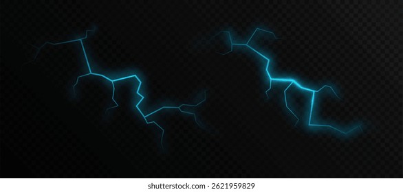 Glowing blue lightning. Blue glowing electric cracks with light effect. Realistic lightning fracture for dark backgrounds. Vector.
