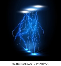 Glowing blue lightning, thunder, thunderstorm, and thunderbolt strike vector. Electric flash and lightning sparks illuminate a black background, creating an energy discharge. Vector.	