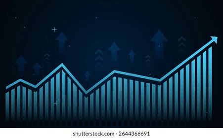 Un gráfico de líneas azules brillante se eleva constantemente, simbolizando el crecimiento financiero y las tendencias al alza del mercado sobre un fondo de cuadrícula futurista. Vector, ilustración
