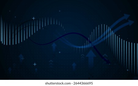 Glowing blue line chart rises steadily, symbolizing financial growth and upward market trends Vertical bars and upward arrows in varying sizes enhance the concept of progress, success. vector