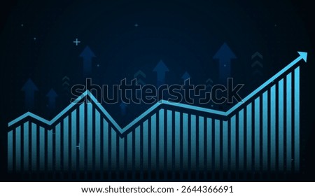 A glowing blue line chart rises steadily, symbolizing financial growth and upward market trends on a futuristic grid background. vector, illustration
