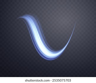 Glowing blue lines. Neon realistic energy speed. Abstract light effect on a dark transparent background. Vector illustration.