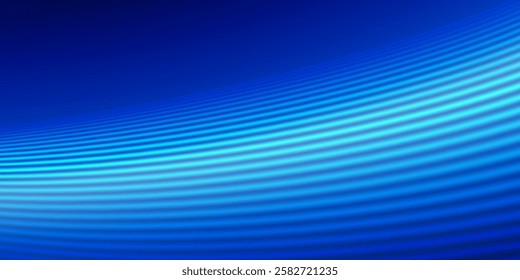 Glowing blue lines on deep blue background, curved light rays blur minimalist banner