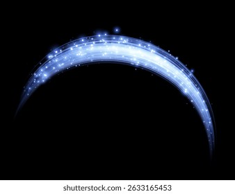 Glowing blue lines with shiny sparkles. Neon realistic energy speed. Abstract light effect on a black background. Vector illustration.