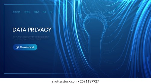 Glowing blue lock made of contour lines representing data privacy, protection, and secure networks. It highlights technological encryption and security concepts.