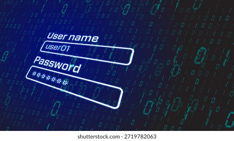 Una pantalla de Inicio de sesión azul brillante con nombre de usuario y campos de Contraseña. Se introduce el nombre user01, establecido en un fondo digital oscuro de código binario 0 y 1.