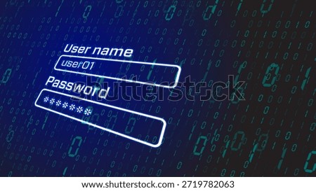 A glowing blue login screen with user name and password fields. The name user01 is entered, set against a dark digital background of binary code 0 and 1.