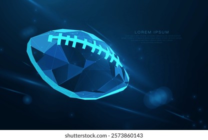 A glowing blue low-poly football in a futuristic digital style, symbolizing sports and technology innovation