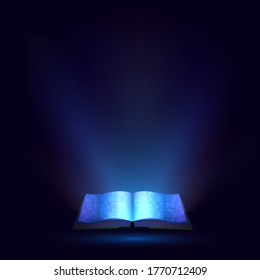 
Glowing blue magic open book with ancient signs in the dark