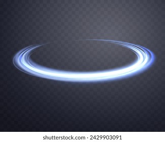 Glowing blue magic rings. Dynamic orbital flare halo ring. Neon realistic energy swoosh swirl. Abstract light effect on a dark transparent background. Vector illustration.