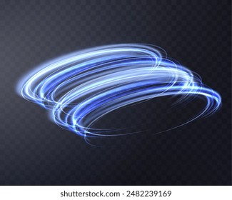 Glowing blue magic rings. Dynamic orbital flare halo ring. Neon realistic energy swoosh swirl. Abstract light effect on a dark transparent background. Vector illustration