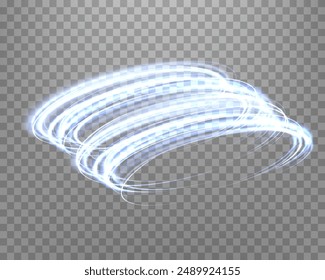 Glowing blue magic rings. Dynamic orbital flare halo ring. Neon realistic energy swoosh swirl. Abstract light effect on a transparent background. Vector illustration