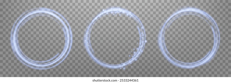 Glowing blue magic rings. Neon realistic energy flare halo rings. Abstract light effect on a transparent background. Vector illustration.