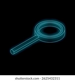 Glowing blue magnifying glass standing on dark background