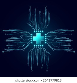 Glowing blue medical cross at the center integrated with a futuristic circuit network on a dark background. Digital healthcare backdrop. Vector illustration.