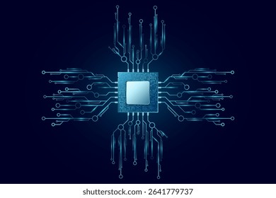 Glowing blue microchip connected to a futuristic circuit network on a dark background. Advanced technology, computing and electronics elements. Futuristic semiconductors. Vector illustration.