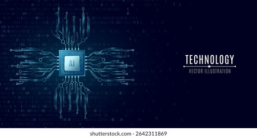 Glowing blue microchip connected to a futuristic circuit network on a dark background with binary code. Computing and electronics elements with futuristic semiconductor. Vector illustration. - Powered by Shutterstock - Get 15% off with code: PIKWIZARD15