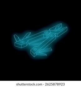 Glowing blue multi tool with various tools extended, isolated on a black background