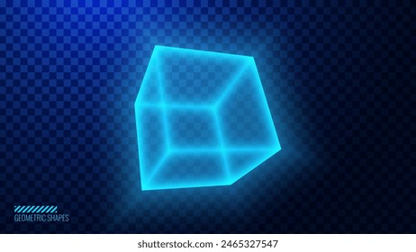 Glowing Blue Neon 3D Cube. Futuristic Box Cage. Digital Blockchain Concept. Cube On Transparent Background. Vector Illustration. Artificial Intelligence HUD Design Element. Digital Technology.