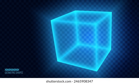 Glowing Blue Neon 3D Cube. Futuristic Box Cage. Digital Blockchain Concept. Cube On Transparent Background. Vector Illustration. Artificial Intelligence HUD Design Element. Digital Technology.