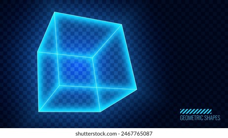 Cubo 3D de neón azul brillante. Jaula de caja futurista. Concepto Digital Blockchain. Cubo Sobre Fondo Transparente. Ilustración vectorial. Elemento de diseño HUD de inteligencia artificial. Tecnología digital.