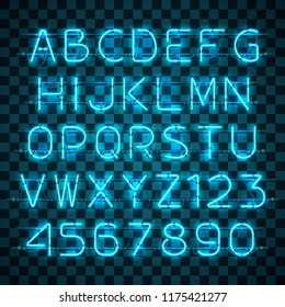 Glowing blue neon alphabet with letters from A to Z and digits from 0 to 9 on transparent background. Shining neon effect. Every letter is separate unit with wires, tubes, brackets and holders.