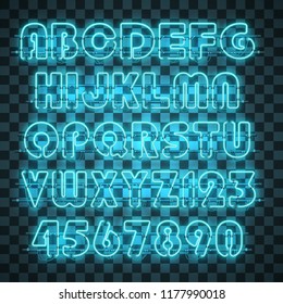Glowing blue neon alphabet with letters from A to Z and digits from 0 to 9 on transparent background. Shining neon effect. Every letter is separate unit with wires, tubes, brackets and holders.