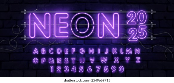 Alfabeto de neón azul brillante con letras de la A a la Z y dígitos de 0 a 9 sobre fondo transparente. Efecto neón brillante. Cada letra es una unidad separada con alambres, tubos, soportes y soportes.