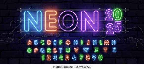 Alfabeto de neón azul brillante con letras de la A a la Z y dígitos de 0 a 9 sobre fondo transparente. Efecto neón brillante. Cada letra es una unidad separada con alambres, tubos, soportes y soportes.