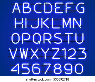 Glowing blue Neon Alphabet with letters from A to Z and digits from 0 to 9 with wires, tubes, brackets and holders. Shining and glowing neon effect. Vector illustration.