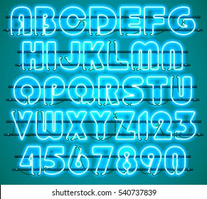 Glowing blue Neon Alphabet with letters from A to Z and digits from 0 to 9 with wires, tubes, brackets and holders. Shining and glowing neon effect. Every letter or digit is separate unit.