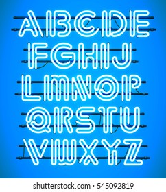 Glowing blue Neon Alphabet with letters from A to Z. Shining and glowing neon effect. Every letter is separate unit with wires, tubes, brackets and holders.