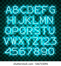 Glowing blue Neon Alphabet with letters from A to Z and digits from 0 to 9 on transparent background. Glowing neon effect. Every letter is separate unit with wires, tubes, brackets and holders.