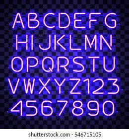 Glowing blue Neon Alphabet with letters from A to Z and digits from 0 to 9 on transparent background. Glowing neon effect. Every letter is separate unit with wires, tubes, brackets and holders.