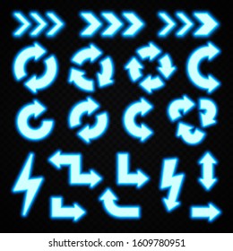 Glowing blue neon arrows set isolated on transparent background. Shining led halogen lamp light effect. Illuminated direction symbol. Circle recycling arrow lightning bolt. Bright vector illustration.