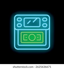 Glowing blue neon atm machine dispensing green banknotes on a black background