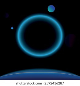 Glowing  blue neon background. Abstract electric background. Neon cosmo  sign circle. Glowing electric circle.