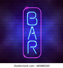 Glowing blue neon bar sign illustration. Bright fluorescent lamp on the brick wall background