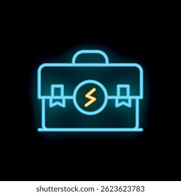 Glowing blue neon briefcase with a lightning bolt symbol, perfect for representing electrician services