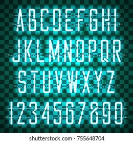 Glowing Blue Neon Casual Script Font with uppercase letters from A to Z and digits from 0 to 9 with wires, tubes, brackets and holders. Shining and glowing neon effect. Vector illustration.
