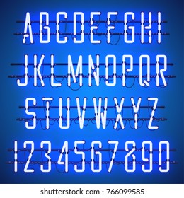 Glowing Blue Neon Casual Script Font with uppercase letters from A to Z and digits from 0 to 9 with wires, tubes, brackets and holders. Shining and glowing neon effect. Vector illustration.