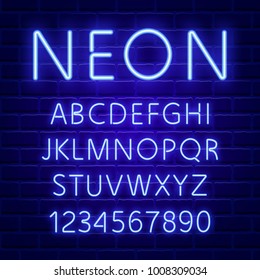 Glowing blue neon character font. Luminous light effect high detailed alphabet for advertising. Retro 80s techno acid style. Vector illustration