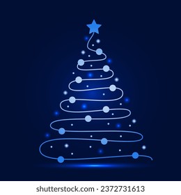 Glowing Blue Neon Christmas Tree. Shiny Symbol of New Year and Christmas. Bright Design for Greeting Card, Poster or Banner.