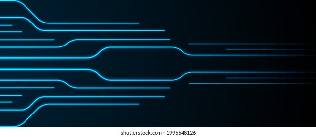 Glowing blue neon circuit board lines abstract banner design. Technology vector background