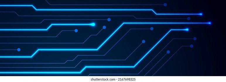 Glowing blue neon circuit board lines abstract banner design. Technology vector background