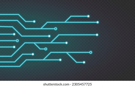 Glowing blue neon circuit board lines. Abstract technology neon circuit board. Digital circuit board elements. Modern tech design. Vector illustration